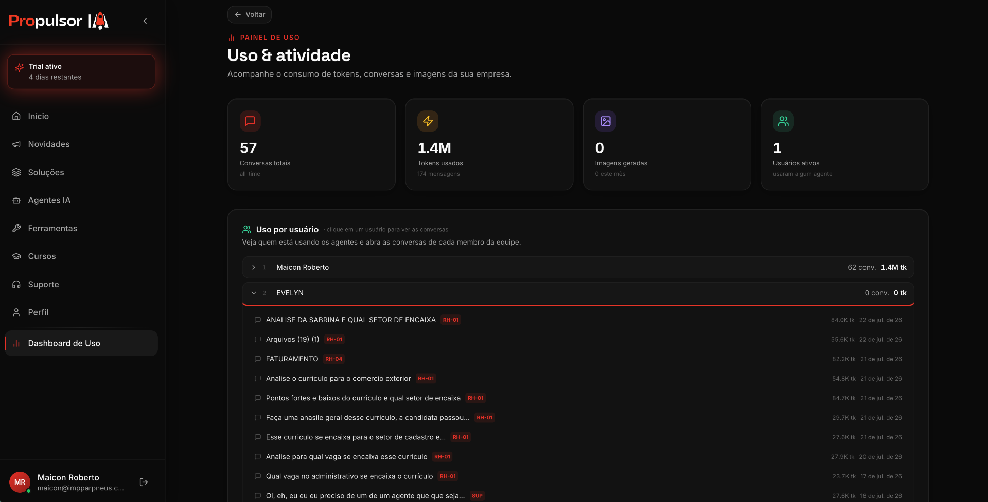 Painel de uso: consumo e adoção por membro da equipe